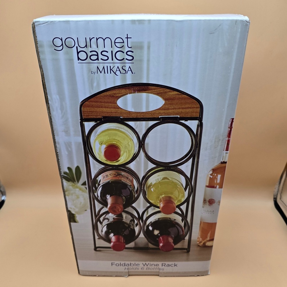 Mikasa Gourmet Basics Foldable Wine Rack 6 Bottle  Black Wire Acacia Wood
